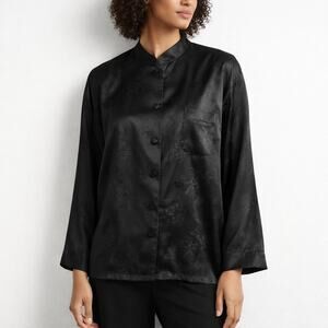 Robert Louis Silk Blend Blouse Black Floral Jacquard Button Front Womens L
